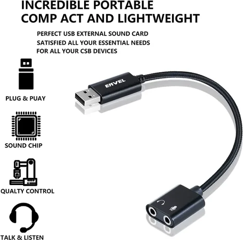 Vista 2 de ENVEL Tarjeta de sonido USB+auriculares para juegos con micrófono para PC, PS4, PS5, Nintendo Switch, Xbox One X S