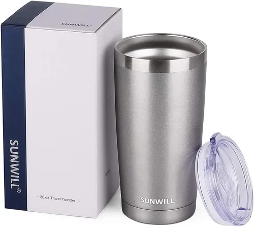Vista 5 de SUNWILL - Vaso para café de viaje de 20 onzas, taza aislada con tapa, taza de acero inoxidable para bebidas frías y calientes, gris claro Gris oscuro