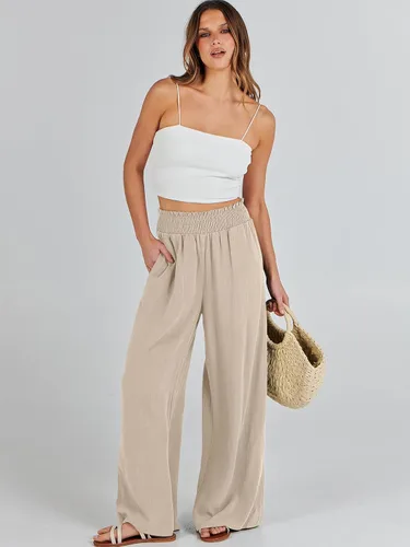 Vista 6 de Caracilia Pantalones de lino para mujer, pierna ancha, palazzo, pantalones de descanso de cintura alta, fluidos 2024, verano, playa, trabajo
