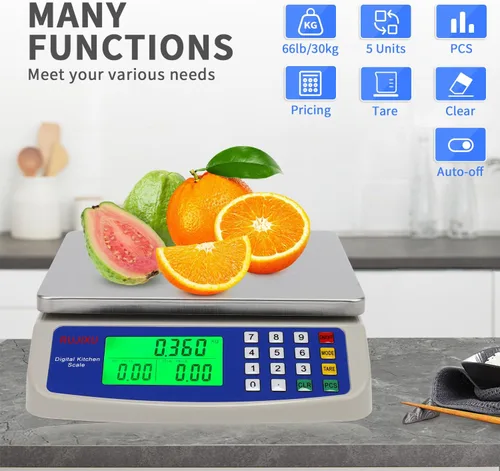 Vista 5 de Gran báscula digital de cocina 30KG báscula comercial de alimentos 66LB para hornear pan carne acero inoxidable báscula de cálculo de precios GRIS