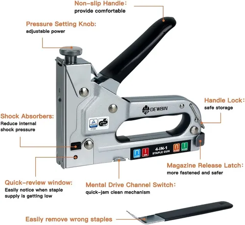 Vista 2 de Pistola grapadora para tapicería resistente, DEWBIN 4 en 1 con 2000 grapas, removedor, grapadora manual con ajuste de potencia para madera