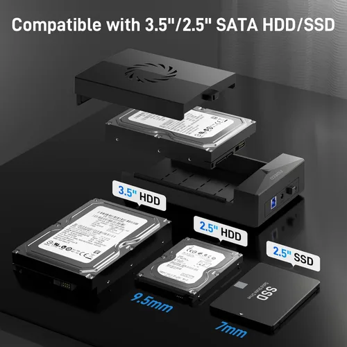 Vista 4 de FIDECO Caja de disco duro para disco duro SATA HDD SSD de 3,5 o 2,5 pulgadas, adaptador SATA a USB con ventilador de refrigeración, carcasa externa