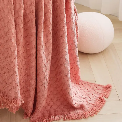Vista 7 de Simple&Opulence Manta 100% algodón para sofá, cama, manta de punto gofre con borlas, suave, ligera, prelavada, transpirable, cómoda, decoración