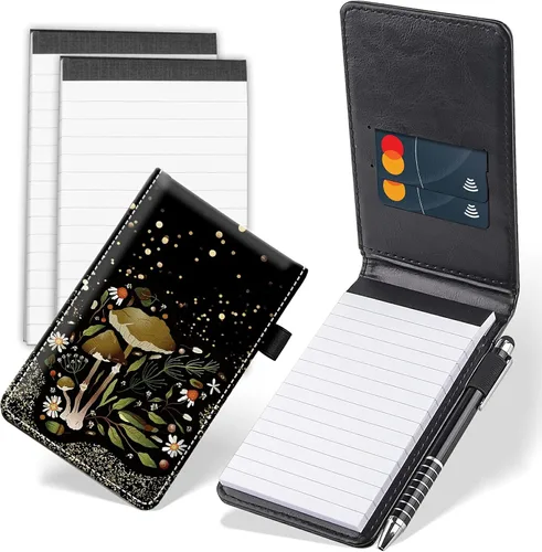 Vista 13 de Juego de 4 mini bloc de notas de bolsillo, diseño de corazón de dinosaurio, funda de piel sintética, soporte para notas con 2 ranuras para tarjetas