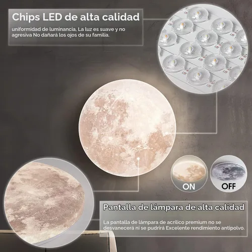 Vista 4 de Lámpara de Techo Empotrada Estilo Luna de 31W 13.8 pulgadas 5000K, Luces de Techo LED Modernas, Lámpara de Techo Blanco Luz de Día para Dormitorio