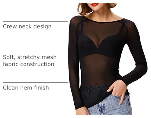 Vista 4 de Kate Kasin Tops de malla para mujer, camisas transparentes de manga larga Negro