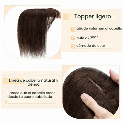 Vista 3 de SEGO Toppers para el cabello para mujer, cabello humano real con flequillo, 2.8 x 5.1 in, base de seda, 100% cabello humano Remy, clip en la parte