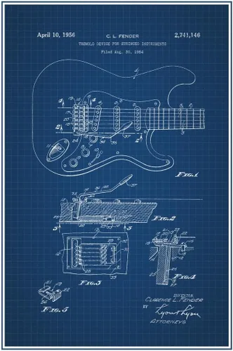 Vista 5 de Guitarra eléctrica 1956 Oficina de Patentes Oficina Oficial Diseño de Blueprint Instrumento de cuerda Rock Roll Banda de música Cuerdas Trastes