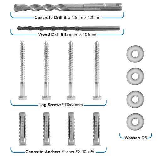 Vista 2 de Mount-It! Kit universal de herramientas de montaje para TV, tornillo de retraso y brocas, incluye tornillos, arandelas, anclajes Fischer, broca