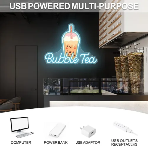 Vista 6 de Letrero de Neón de Té de Burbujas, Luz LED de Neón de Té Boba y Leche para Bebidas, Café, Barra de Tienda, Decoración de Pared, Arte Personalizado