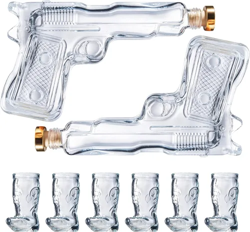 Vista 9 de Juego de decantador de pistola y vasos de chupito para fiesta, decantador de pistola de whisky y vaso de chupito, vertedores y tapón, 2 decantadores