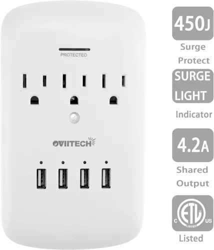 Vista 5 de Oviitech Adaptador de Montaje en Pared Multi Toma de Corriente con Protector Contra Picos de Corriente y 4 (4.2 AMP) Puertos USB de Carga, 3 Tomas