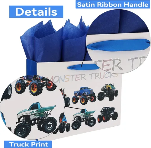 Vista 4 de Juego de bolsas de regalo de cumpleaños grandes de 13 pulgadas con tarjeta de felicitación y papel de seda (diseño de camiones monstruo) para niños