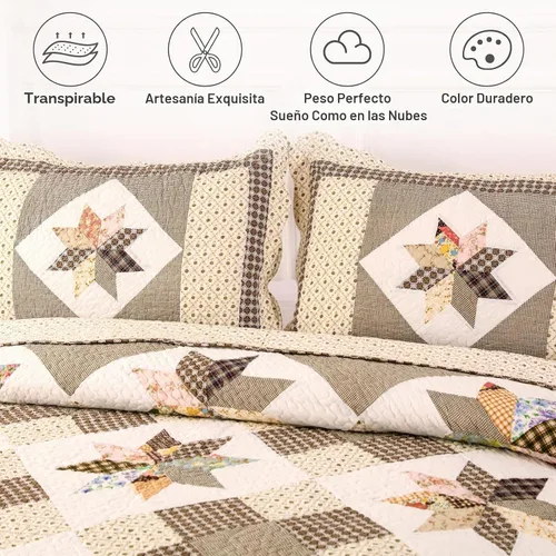 Vista 3 de YAYIDAY Colchas Tamaño Queen Juego de Colcha de Retazos – 100% algodón reversible, transpirable, marrón, geométrico, acolchado con fundas