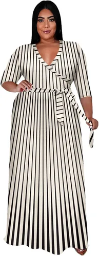 Vista 16 de Runwind Vestidos de Talla Grande para Mujeres Vestido Maxi Floral Suelto Manga 3/4 con Cinturón 01-Negro