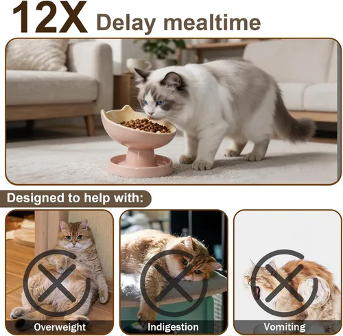 Vista 4 de Cuenco elevado para gatos de alimentador lento, cuenco de cerámica para Rosa