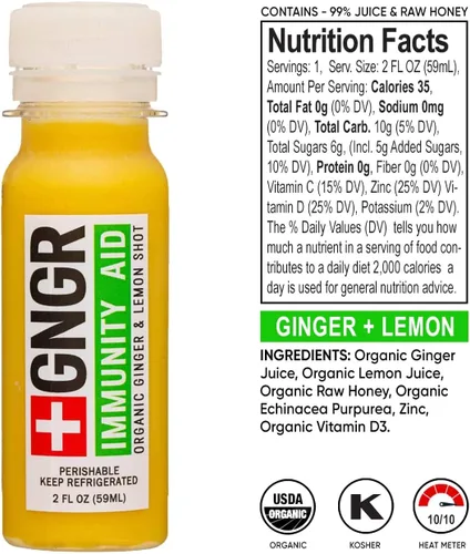 Vista 2 de +GNGR Immunity Aid - Disparo orgánico de jengibre prensado en frío con limón, miel y equinácea. Disparos de jengibre extra fuertes