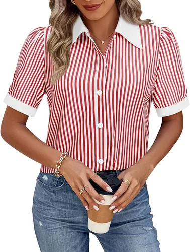 Vista 10 de Gleeivy Camisas de botones para mujer de manga corta abombada, camisas de vestir abotonadas con cuello ajustado, blusa superior de trabajo