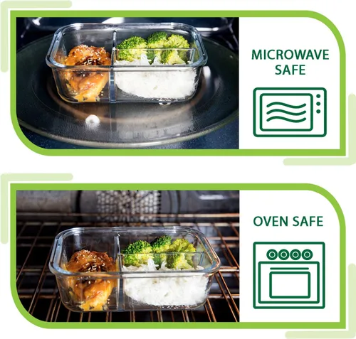 Vista 6 de Recipientes de vidrio para preparación de comidas, paquete de 4 recipientes de 35 onzas con 3 compartimentos, lonchera Bento para control