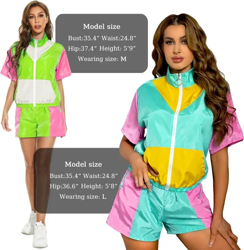 Vista 5 de Yisfri Conjunto de 2 piezas rompevientos con bloques de color para mujer, manga corta, cremallera frontal, cintura elástica
