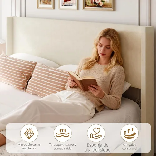 Vista 4 de Sismplly Base de cama matrimonial con cabecera con respaldo de ala, cama de plataforma tapizada de terciopelo, listones de madera fuertes, Beige