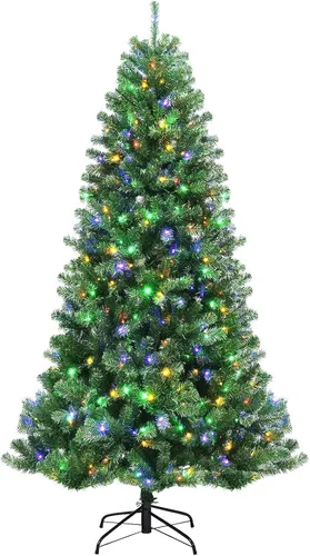 Vista 14 de HAPPYGRILL - Árbol de Navidad artificial preiluminado de 2.1 m, árbol de Navidad con nieve flocada y 320 luces LED multicolor, 8 modos de Snow Pe
