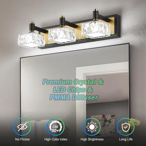 Vista 3 de Lámpara de baño de 3 luces sobre el espejo, luz LED regulable para tocador de baño con pantalla de cristal, lámpara de pared moderna negra y dorada