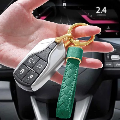 Vista 5 de Gkeygo Llavero de cuero para automóvil, llaveros tejidos hechos a mano para mujeres y hombres, soporte universal para llavero con rotación de 360