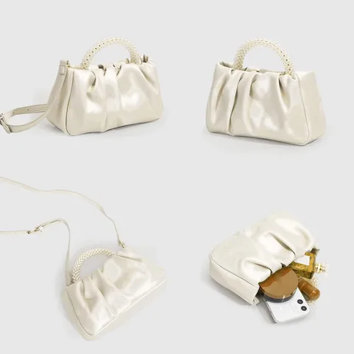 Vista 8 de Beatfull Bolso de noche para mujer, bolso de mano pequeño con perlas de cuero suave, bolso fruncido para boda, novia, fiesta, baile de graduación