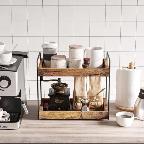 Vista 3 de Organizador de encimera de baño de 2 niveles, estante de especias de madera para encimera de cocina, organizador de maquillaje cosmético de tocador