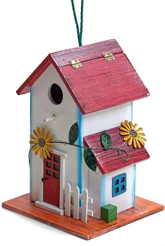 Vista 2 de Bo-Toys Pintada a mano pajarera de madera con flores decoración de jardín al aire libre