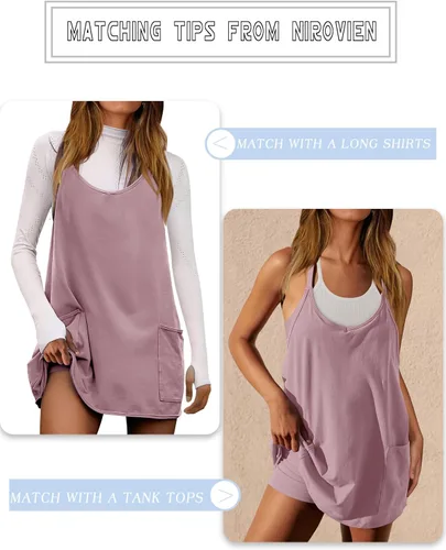 Vista 3 de Nirovien Vestido de tenis para mujer, mini vestido de entrenamiento con pantalones cortos, sin mangas, tirantes delgados, vestidos atléticos de golf