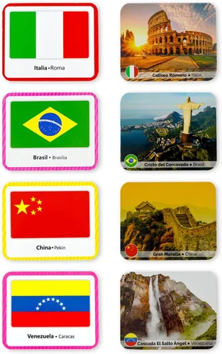 Vista 3 de Menique Paquete de juego de memoria español – Banderas del Mundo + Explora el Mundo – 200 cartas, 100 pares – Banderas, capitales y lugares icónicos