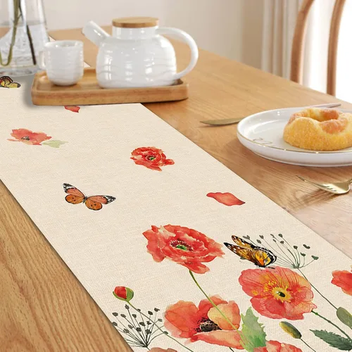 Vista 6 de Seliem Camino de mesa de flores de amapola roja primaveral, acuarela patriótica floral mariposa para el hogar, cocina, decoración botánica, día