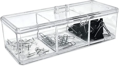 Vista 6 de Isaac Jacobs Organizador apilable rectangular de acrílico transparente de 3 compartimentos con tapa, bandeja de cajón multiseccional, solución