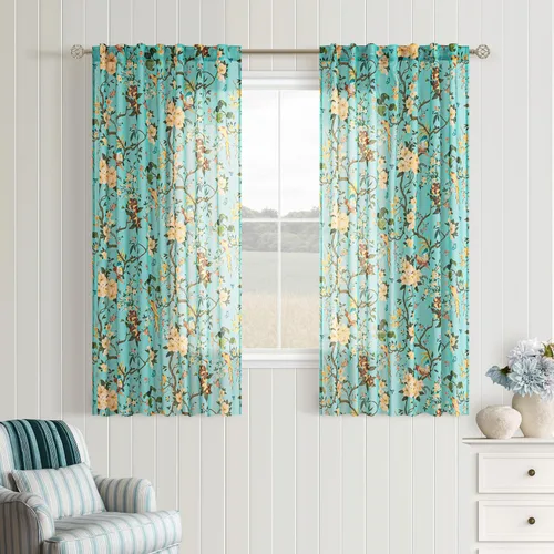 Vista 28 de Cortinas de lino de pájaro floral azul 2 paneles de 72 pulgadas de largo Aqua Blue
