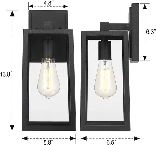 Vista 5 de Emliviar WE212B BK - Farol de pared para exteriores, 13.8 pulgadas, 1 luz exterior para porche en acabado negro con vidrio transparente, WE212B BK