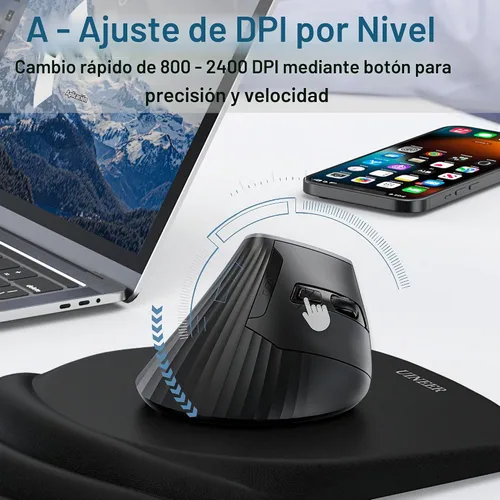 Vista 4 de Uineer Ratón ergonómico Bluetooth 5.0/4.0, mouse inalámbrico vertical de 2.4 GH, con receptor USB-A, alimentado por batería, conectividad de 3