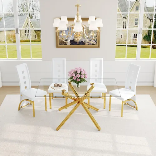 Vista 22 de Juego de mesa de comedor moderna para mesa de comedor negra de 4,63 pulgadas, juego de 4 con patas de metal dorado, mesa de cocina rectangular