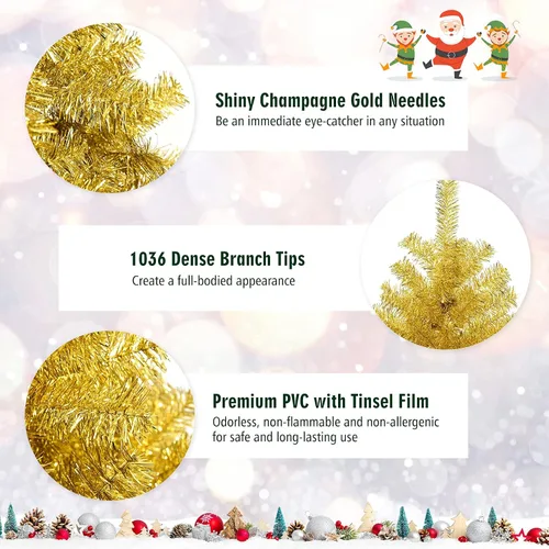 Vista 7 de DREAMADE Árbol de Navidad de oropel dorado, pino artificial de 6 pies sin encender con 1036 ramas completas, soporte de metal, diseño con bisagras
