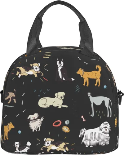 Vista 2 de Bonita Lonchera de Perinsto con Perros en Fondo Negro, Bolsa de Almuerzo Reutilizable Aislada con Correa Ajustable para Oficina, Trabajo, Picnic