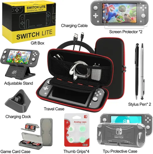 Vista 2 de Switch Lite - Paquete de accesorios, kit con funda de transporte, funda de TPU con protector de pantalla, base de carga, soporte de juego, funda