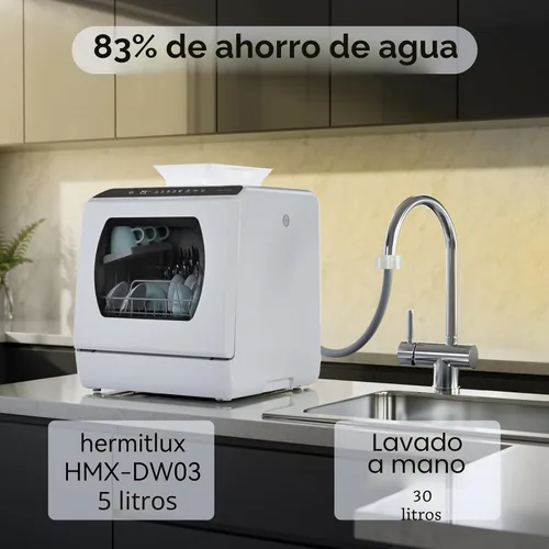 Vista 5 de Hermitlux Lavavajillas portátiles para encimera, 5 programas de lavado, mini lavavajillas con tanque de agua integrado de 5 litros para apartamentos