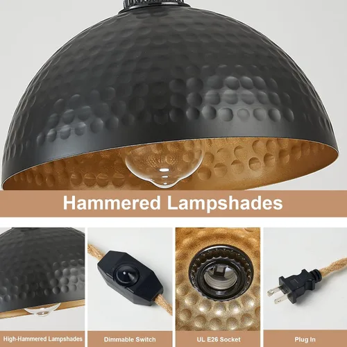 Vista 3 de Luces Colgantes Enchufables Lámpara Colgante de Cúpula Martillada con Interruptor Regulable Cuerda de Cáñamo de 15 Pies de Largo Luz Colgante