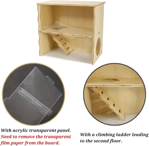 Vista 3 de Hámster de doble piso, cabaña de hámster de madera, escondite de hámsters sirios con panel acrílico para una observación clara, casa de ratón