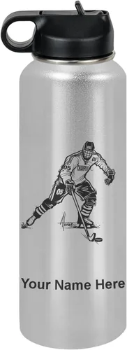 Vista 14 de LaserGram Botella de agua personalizada, jugador de hockey, acero inoxidable de doble pared aislada al vacío con popote superior, regalo grabado