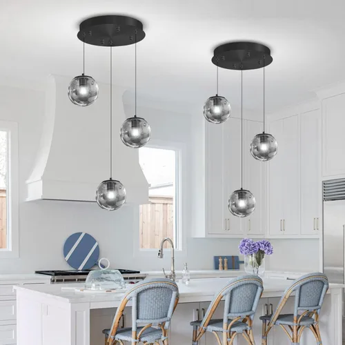 Vista 30 de ykolupty Lámpara colgante negra de 1 luz moderna de globo de vidrio gris ahumado, luces colgantes para isla de cocina, luces colgantes ajustables