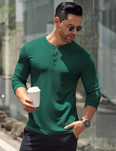 Vista 17 de COOFANDY Camisas Henley de manga larga para hombre, camisetas elásticas acanaladas, camisetas básicas casuales de moda