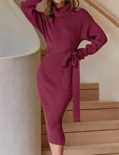 Vista 51 de ZESICA - Vestido por debajo de la rodilla de suéter, de cuello alto, para mujer, de manga larga, de punto acanalado, con abertura y cinturón