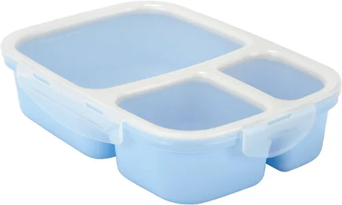 Vista 4 de Contenedor de almacenamiento de alimentos, lonchera Bento, con 3 compartimientos herméticos, Azul